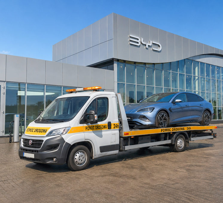 Transport nowego samochodu BYD lawetą spod salonu