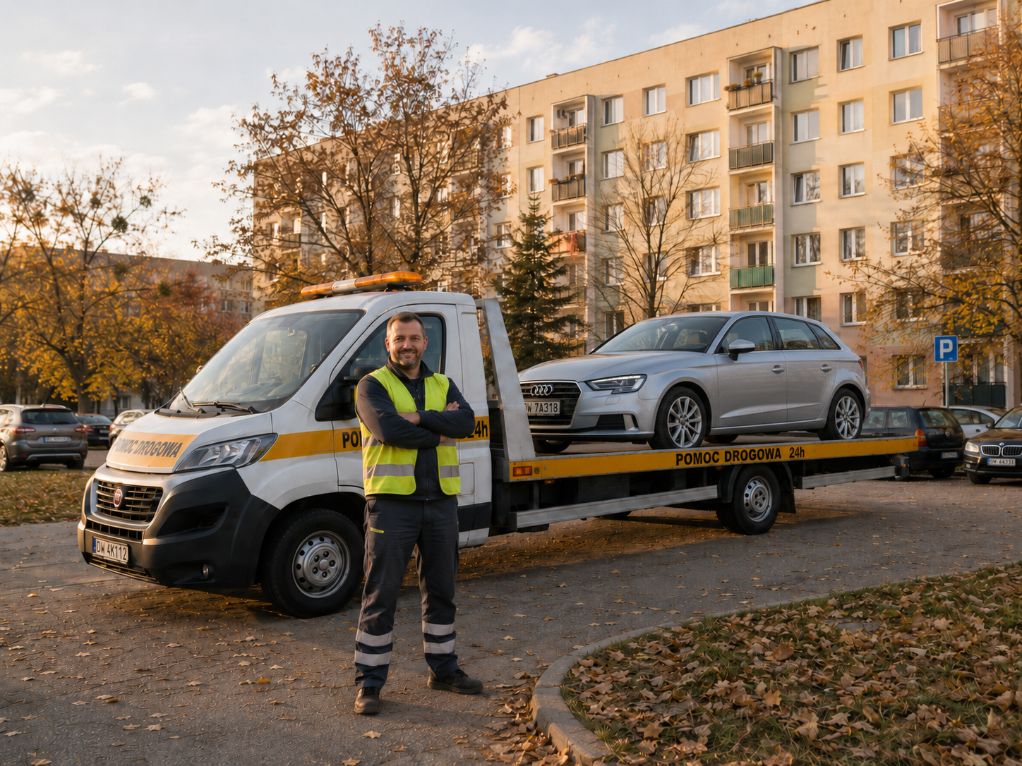 Srebrne audi A3 z 2015 roku przygotowane do transportu lawetą. Zdjęcie zrobione na parkingu przed blokiem na Rąbinie w Inowrocławiu wczesną jesienią, po południu