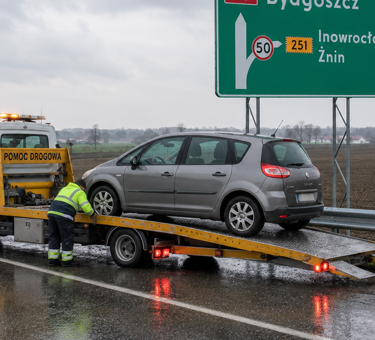Kierowca przygotowuje samochód osobowy Renault do holowania - obwodnica Inowrocławia, zjazd w kierunku centrum